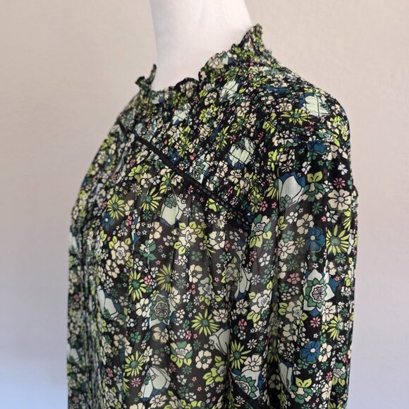 Scotch & Soda Amsterdam Green Floral Blouse Smocked Button Front Lightweight XL - Picture 4 of 8